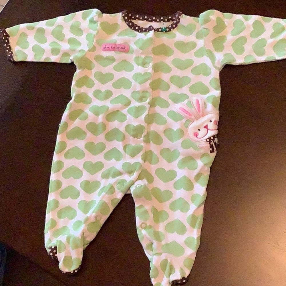 Just One You onesie footed green white hearts 3-6 mo small rabbit 🐰  on